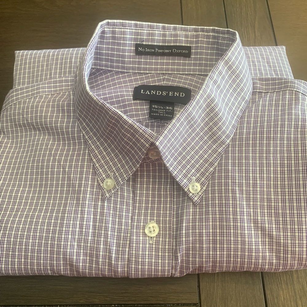 Lands' End No Iron Pinpoint Oxford 15 1/2-36 Tailored Fit Tall Purple & White